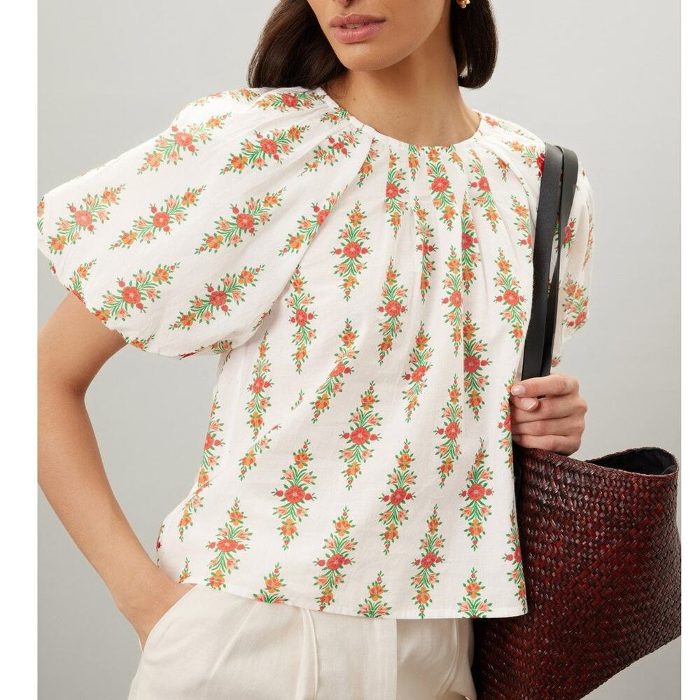 Banjanan Oana Peasant Blouse White Floral Pleated Back Tie Puff Sleeve Sz S